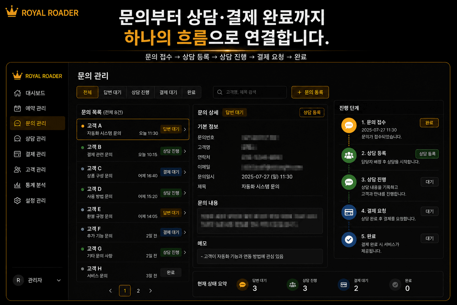 문의 상담 결제 통합 관리