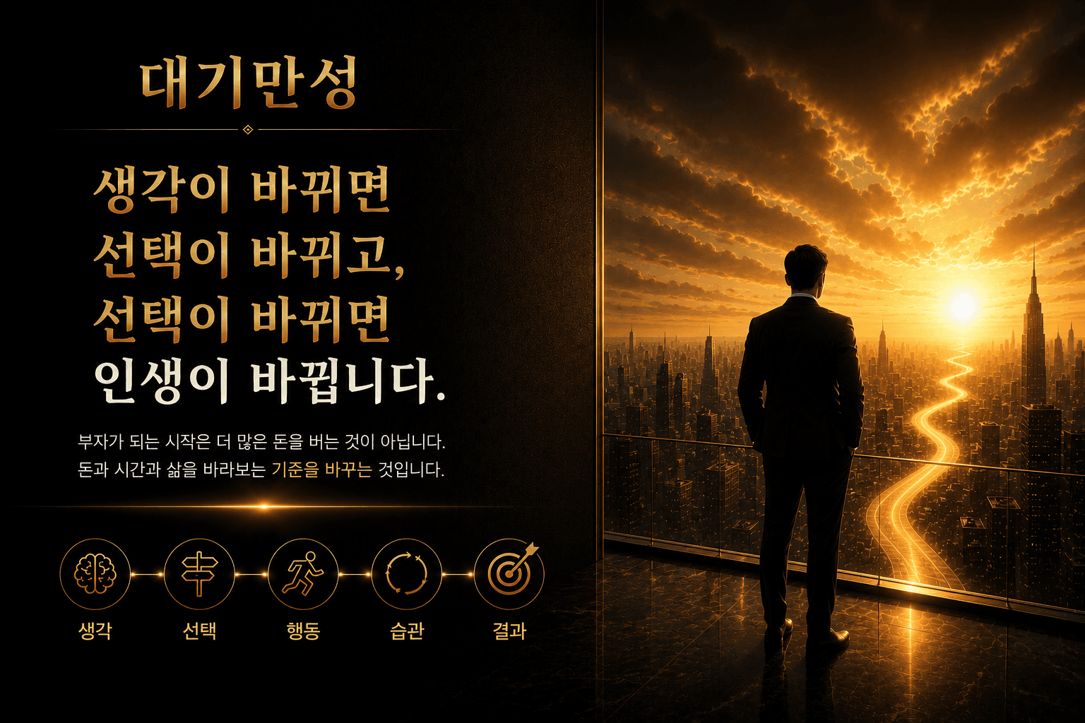 생각이 선택과 행동, 습관과 결과를 바꾸는 과정을 보여주는 대기만성 이미지