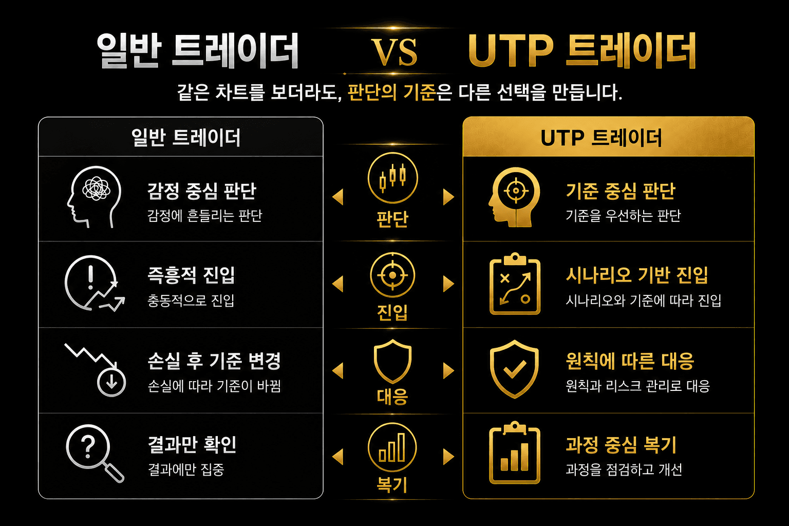 일반 트레이더와 UTP 트레이더의 판단 진입 대응 복기 비교