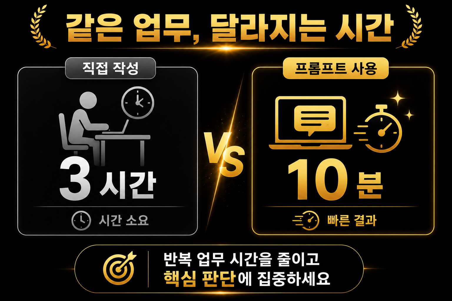 직접 작성 3시간과 프롬프트 사용 10분의 업무 시간 비교 예시